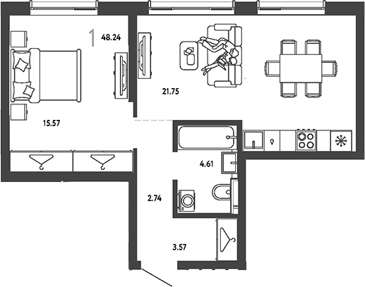 1-комн., 48.24 м², 11/19 этаж, ЖК «Страна.Парковая»