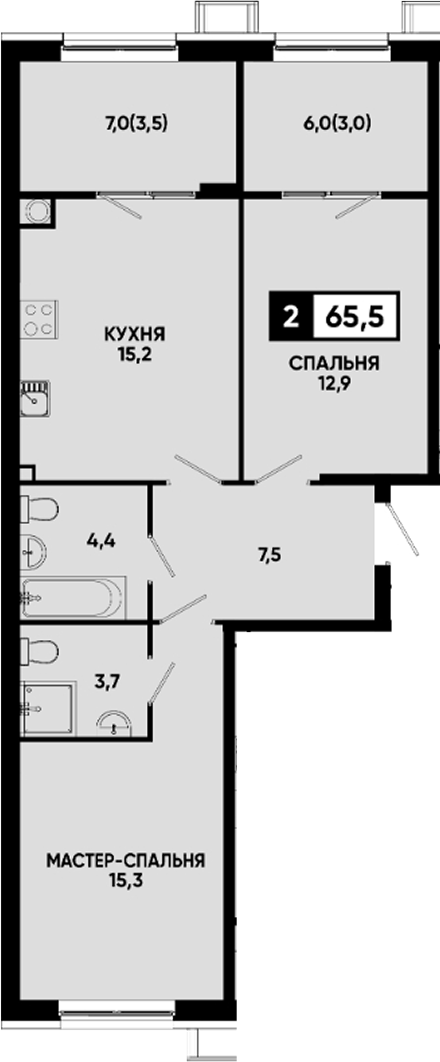 2-комн., 59 м², 1/12 этаж, ЖК «Квартал на курорте Моя Легенда»