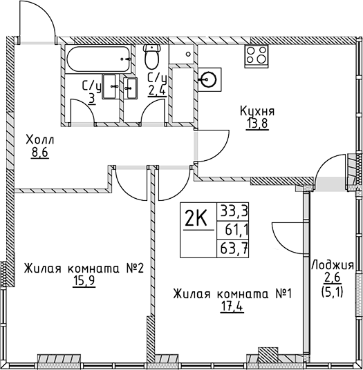 2-комн., 61.1 м², 8/19 этаж, ЖК «ВЭРИ на Миклухо-Маклая»