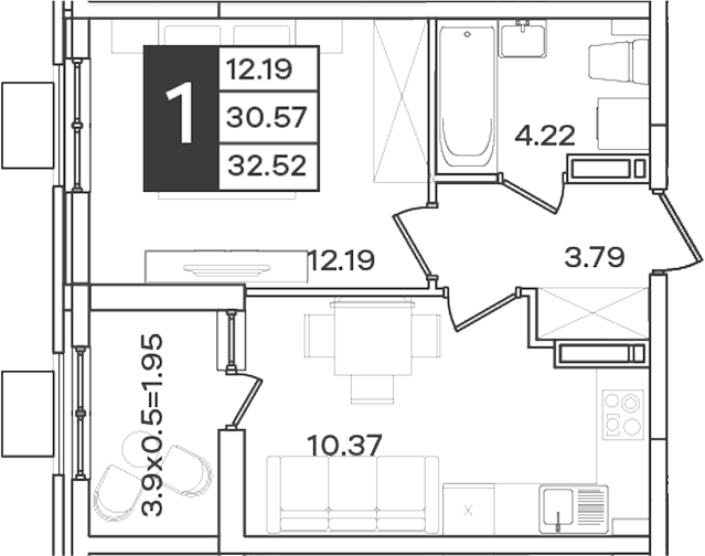 1-комн., 30.57 м², 17/18 этаж, ЖК «Сюжеты»