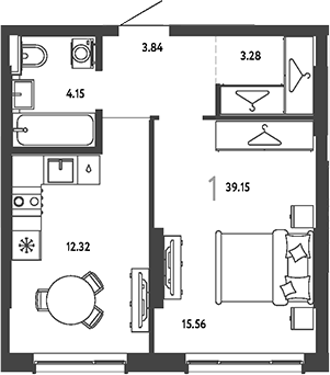 1-комн., 39.15 м², 3/18 этаж, ЖК «Страна.Парковая»
