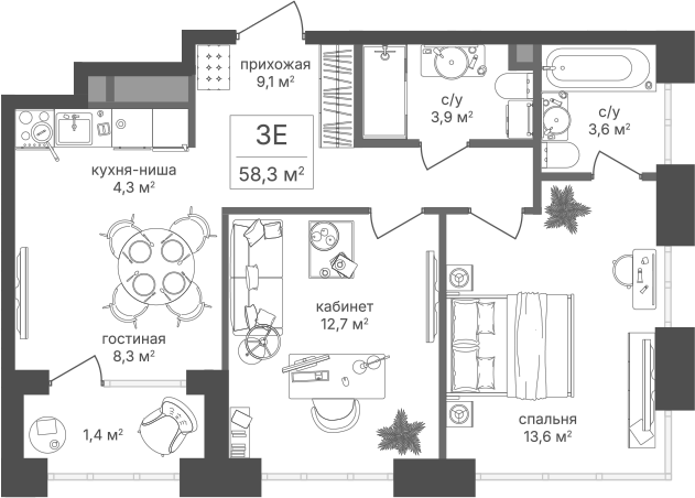 3-комн., 55.5 м², 12/18 этаж, ЖК «Михалковский»