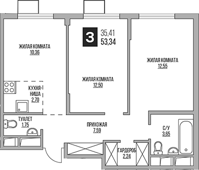 3-комн., 53.34 м², 9/14 этаж, ЖК «Гранель Аникеевский»