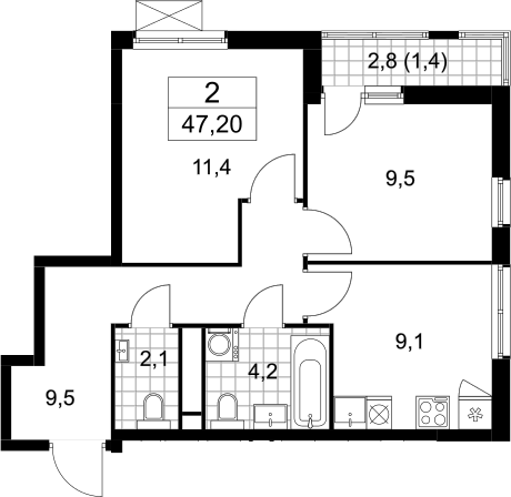 2-комн., 45.8 м², 12/12 этаж, ЖК «Прокшино»