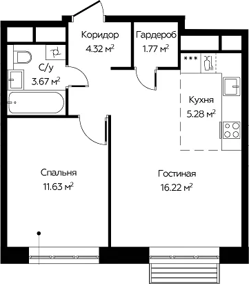 2-комн., 42.89 м², 22/22 этаж, ЖК «Новоград Павлино»