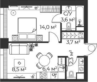 2-комн., 38.5 м², 2/38 этаж, ЖК «Веер»