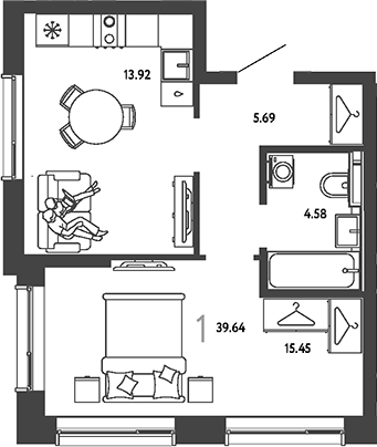 1-комн., 39.64 м², 19/19 этаж, ЖК «Страна.Парковая»
