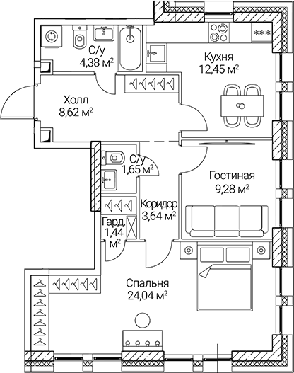 2-комн., 65.5 м², 45/51 этаж, ЖК «СЕЗАР СИТИ»