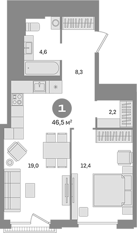 1-комн., 46.5 м², 15/16 этаж, ЖК «Квартал Герцена»