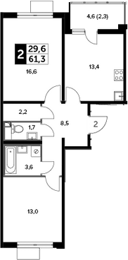 2-комн., 59 м², 17/20 этаж, ЖК «Южная Битца»