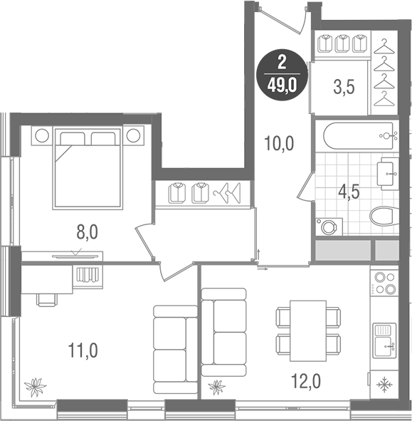 2-комн., 49 м², 20/32 этаж, ЖК «Кантемировский»