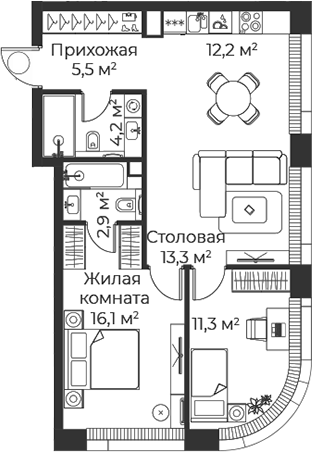 3-комн., 65.5 м², 33/38 этаж, ЖК «Веер»