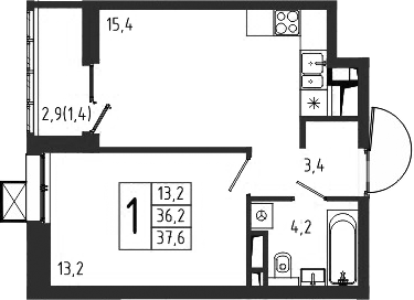 1-комн., 36.2 м², 8/10 этаж, ЖК «Берег»
