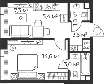 2-комн., 35.7 м², 21/35 этаж, ЖК «Веер»