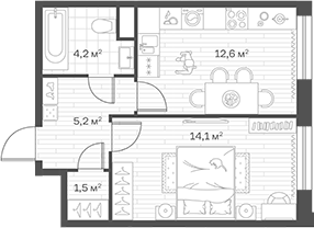 1-комн., 37.6 м², 2/12 этаж, ЖК «Аристов Берег»