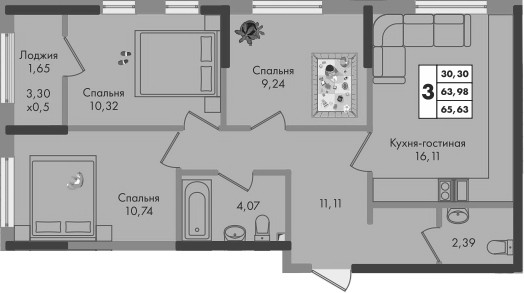 3-комн. квартира, 63.98 м² в ЖК Зеленая территория — фото 2