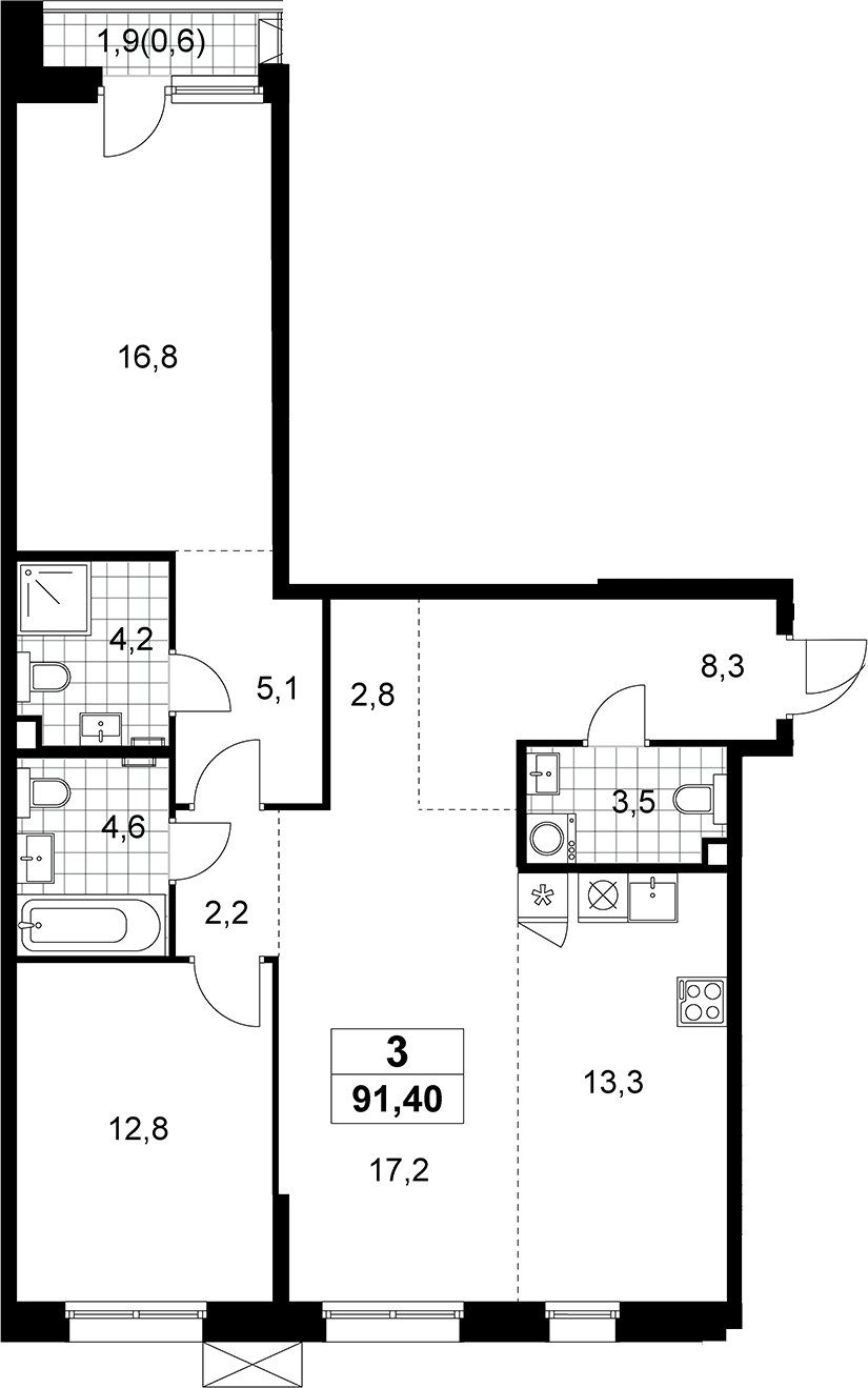 3-комн., 90.8 м², 2/8 этаж, ЖК «Дзен-кварталы»