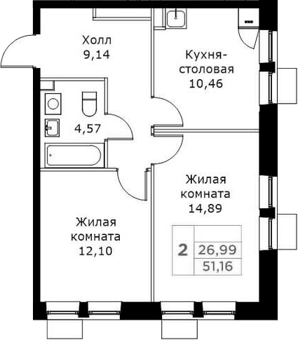 2-комн., 51.16 м², 23/25 этаж, ЖК «КИТ»