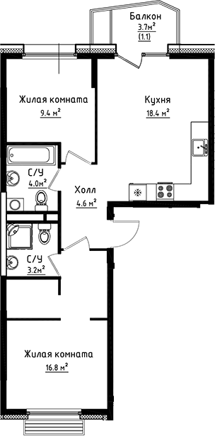 2-комн., 56.4 м², 2/6 этаж, ЖК «Коллекция»