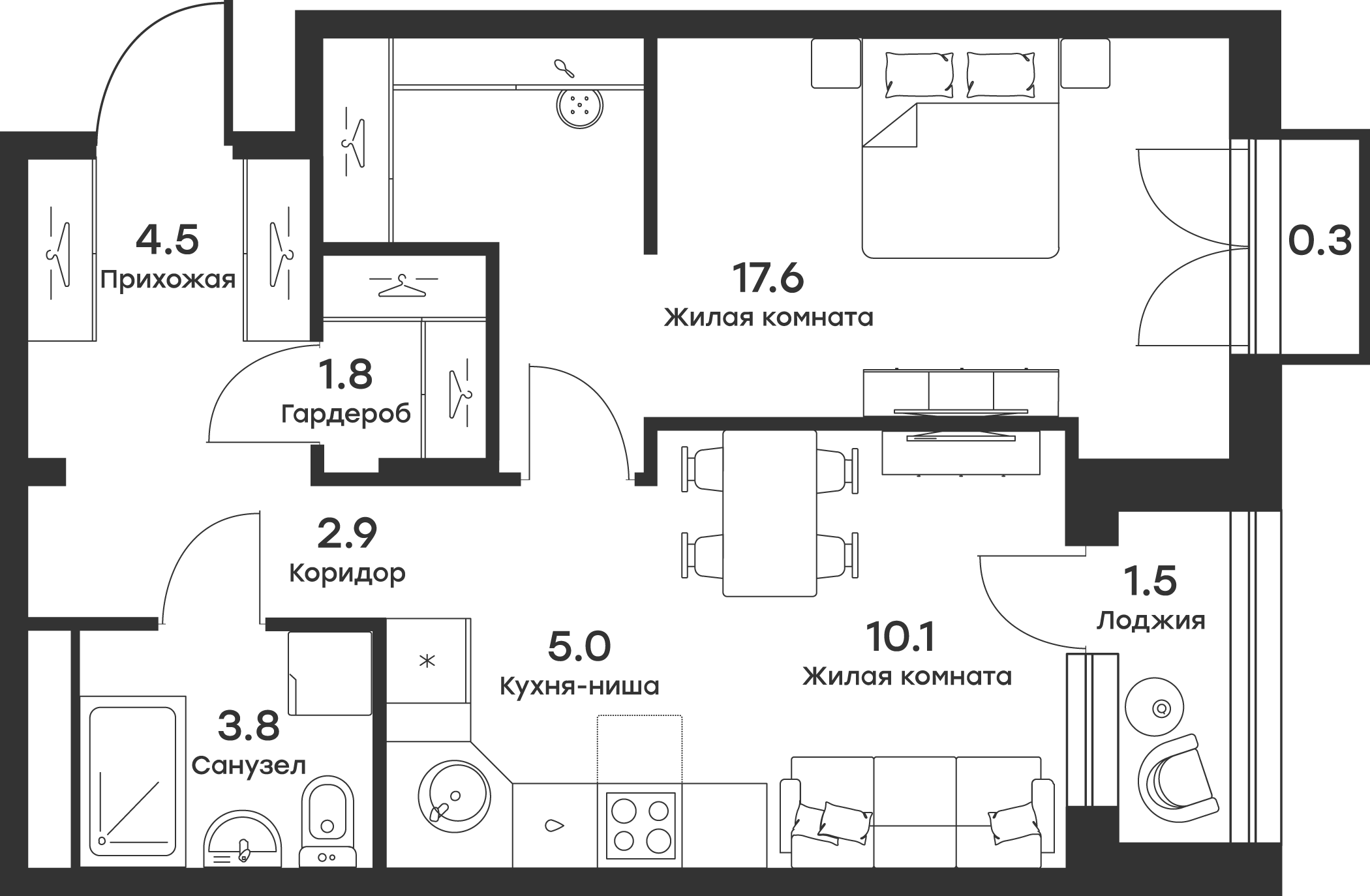 2-комн., 44.1 м², 4/4 этаж, ЖК «Равновесие»