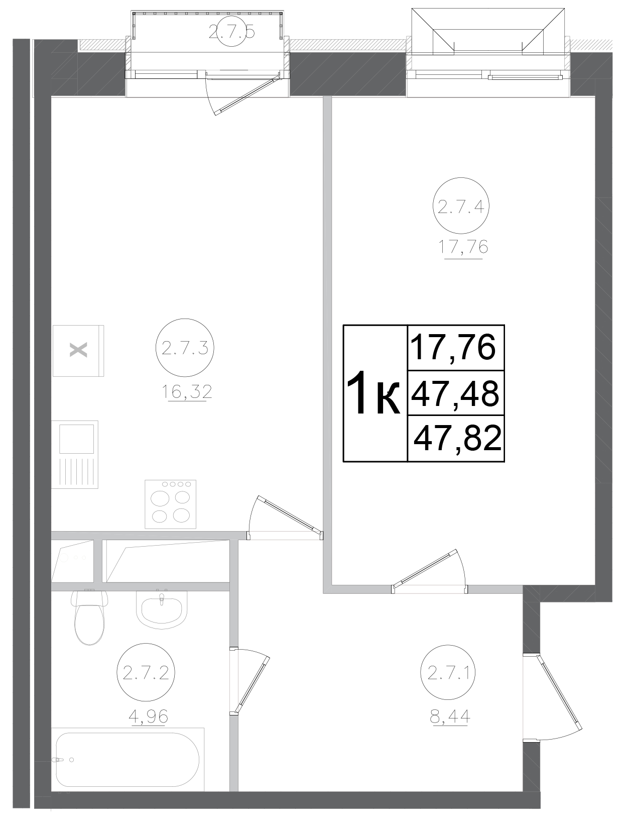 1-комн., 47.48 м², 3/17 этаж, ЖК «Авиатор-2»