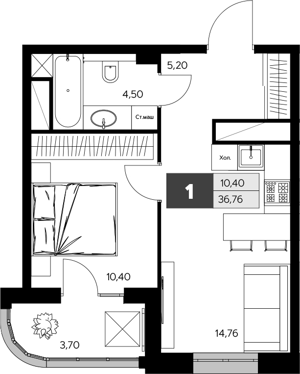 1-комн., 34.91 м², 6/9 этаж, ЖК «Ласточкино»