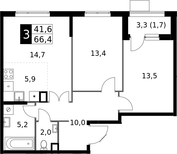 3-комн., 64.7 м², 23/25 этаж, ЖК «1-й Измайловский»