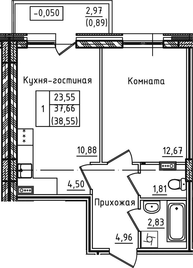2-комн., 37.66 м², 1/5 этаж, ЖК «Зеленый город»