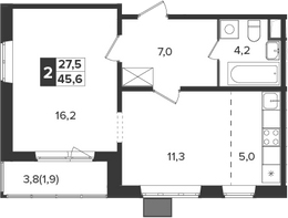 2-комн., 43.7 м², 15/21 этаж, ЖК «Южная Битца»