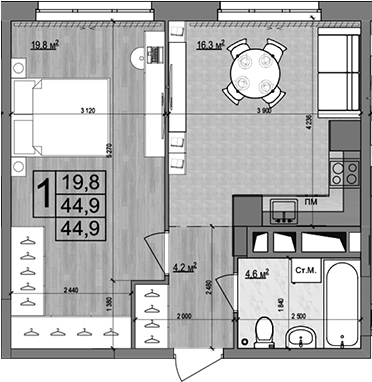 2-комн., 44.9 м², 2/18 этаж, ЖК «Гранд Комфорт»