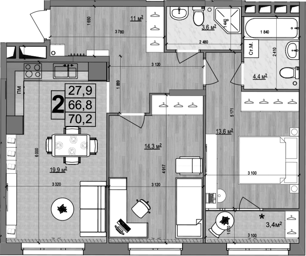 3-комн., 66.8 м², 16/18 этаж, ЖК «Гранд Комфорт»