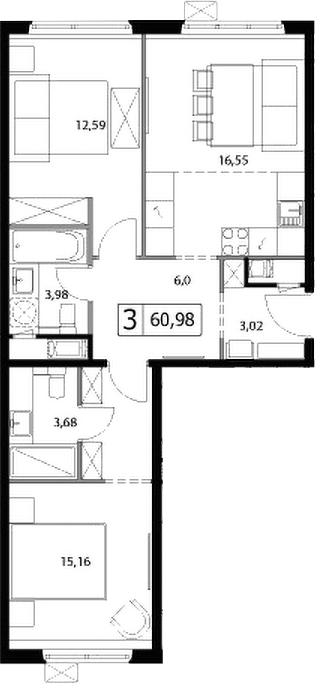 3-комн., 60.98 м², 16/17 этаж, ЖК «У реки.Эко Видное 2.0»