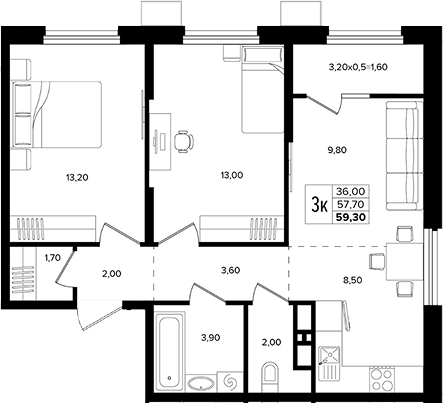 3-комн., 57.7 м², 5/15 этаж, ЖК «Лермонтов Парк»