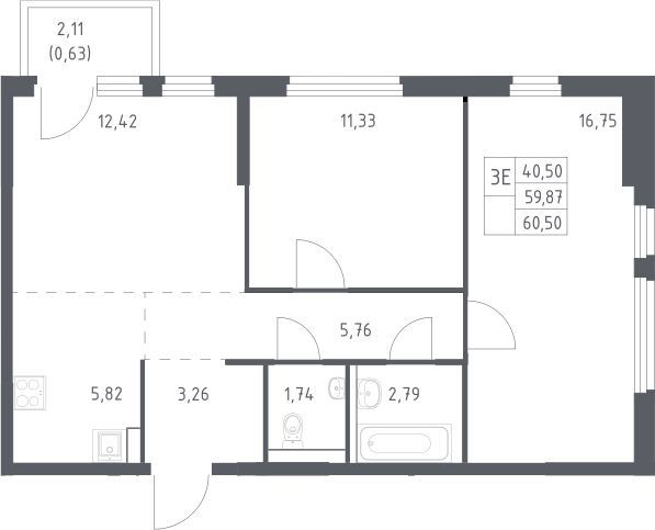 3-комн., 59.87 м², 16/17 этаж, ЖК «Пригород Лесное»