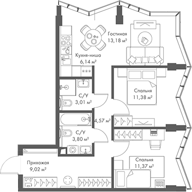 3-комн., 62.47 м², 7/24 этаж, ЖК «МИРА»