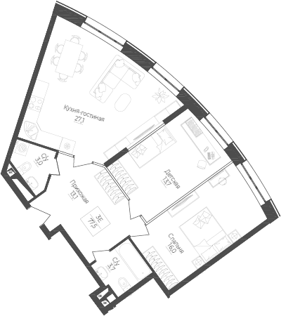 3-комн., 77.5 м², 5/10 этаж, ЖК «Monodom Лейк»
