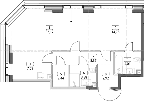 2-комн., 63.24 м², 17/26 этаж, ЖК «СИТИДЗЕН»