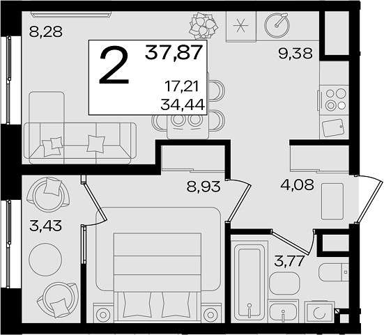 2-комн. квартира, 34.44 м² в ЖК Патрики — фото 2