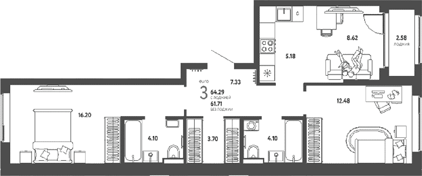 3-комн., 61.71 м², 3/13 этаж, ЖК «Страна.Парковая»