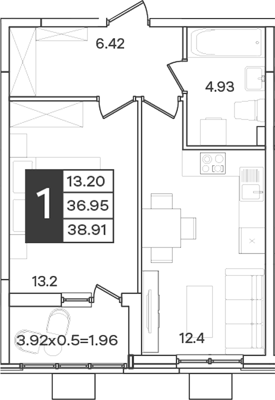 1-комн., 36.95 м², 2/9 этаж, ЖК «Сюжеты»