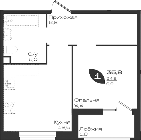 1-комн. квартира, 34.2 м² в ЖК Ботаника — фото 2
