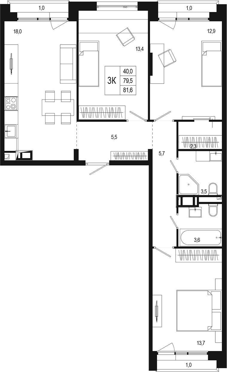 3-комн., 81.9 м², 4/4 этаж, ЖК «Новая Щербинка»