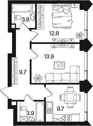 2-комн., 53.8 м², 29/44 этаж, ЖК «РАКУРС»