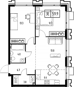 3-комн., 59.9 м², 5/9 этаж, ЖК «Сколково ВАН»