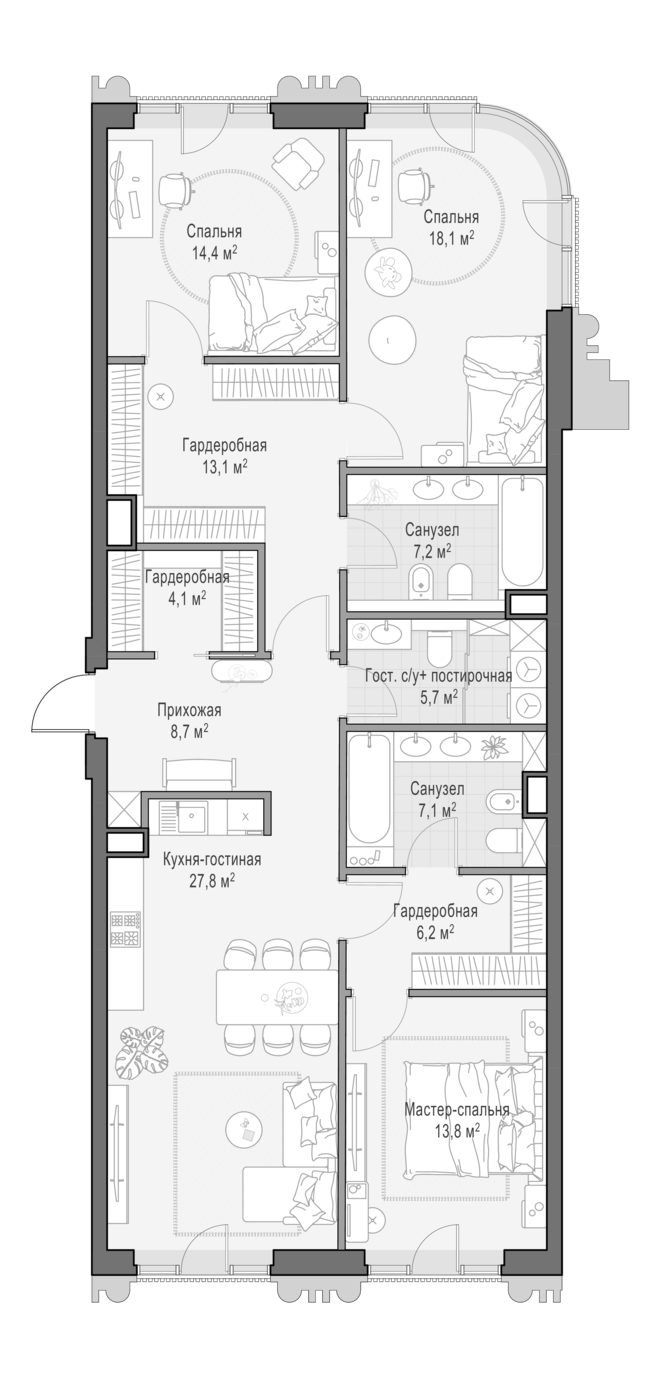 4+ комнаты, 125.4 м², 2/14 этаж, ЖК «Квартал Тишинский бульвар»