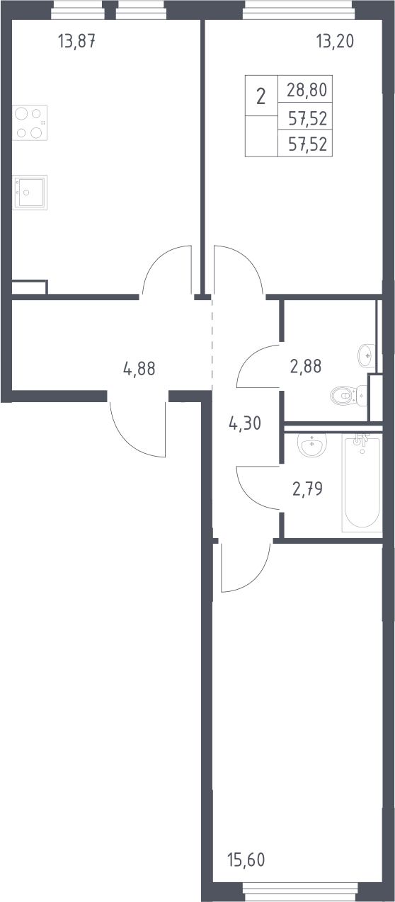 2-комн., 57.52 м², 10/15 этаж, ЖК «Пригород Лесное»