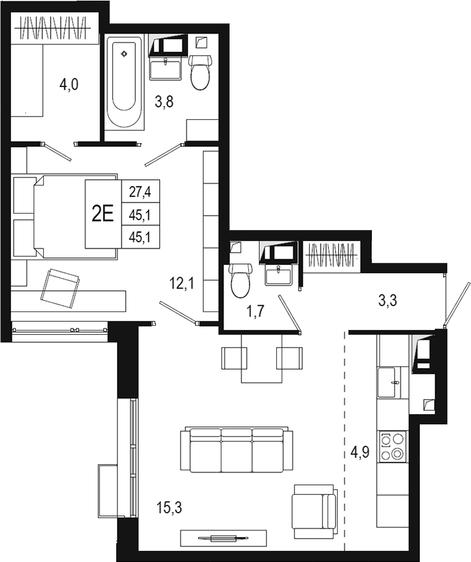 2-комн., 45.1 м², 8/8 этаж, ЖК «Новая Щербинка»