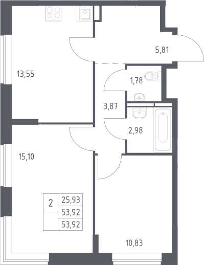 2-комн., 53.92 м², 7/12 этаж, ЖК «Богдановский лес»
