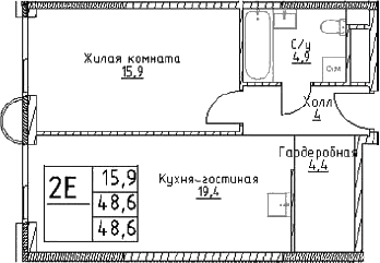 2-комн., 48.6 м², 27/29 этаж, ЖК «Наметкин Тауэр»