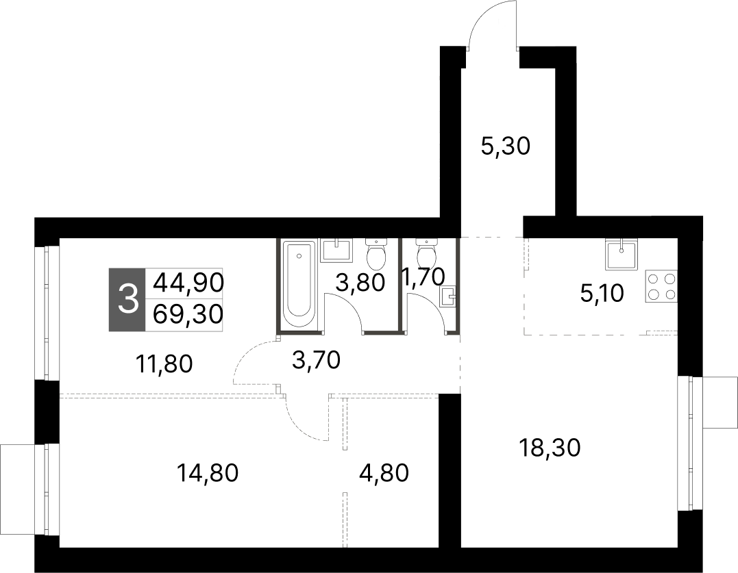 3-комн., 69.3 м², 5/6 этаж, ЖК «Апрелевка Клаб»